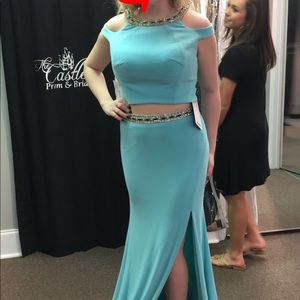 Light blue Mac Duggal prom dress